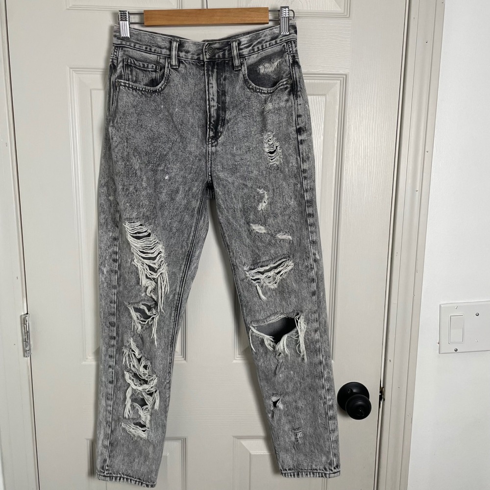 American Eagle Mom Jean Women 4 Gray Distressed Acid Wash High Rise Ripped Denim